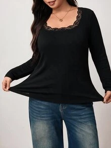 Enliva Plus Size Women's Cotton Blend Long Sleeve T Shirt Square Neck Casual Basic Top Flattering Compatible With Apple Shape - Black - View 5