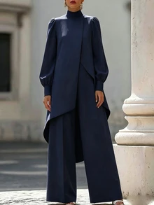 SHEIN 女款 2 件組純色復古長袖不對稱設計服飾，適用於齋月、宰牲節、開齋節，時尚創意造型 - 藏蓝色 - 查看 1
