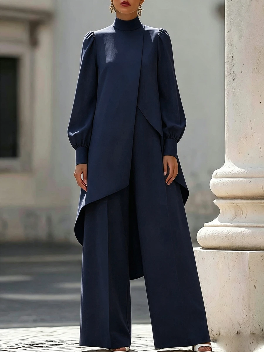 SHEIN 女款 2 件組純色復古長袖不對稱設計服飾,適用於齋月、宰牲節、開齋節,時尚創意造型 - 藏蓝色 - 查看 1