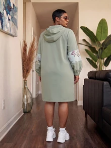 Slaydiva Plus Size Satin Floral Patchwork Hooded Anorak Jacket, Loose Plus Size Outer Coat Fall - Green - View 3