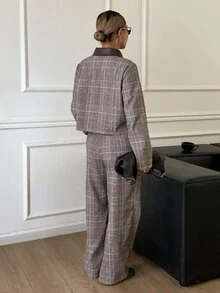 DAZY Women's Brown Plaid Lapel Button Pocket Long Sleeve Cropped Jacket With Matching High Waist Loose Wide Leg Long Pants 2 Pieces Set - Black - View 2
