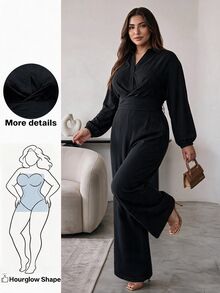 Hourglow Plus Size Women Solid Color Casual Daily Wear Jumpsuit - Black - View 1