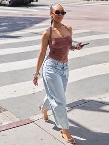 Denimoi Square Neck Cross Back Rib Knit Tank Top Fashionable Everyday Wear Basic Tank Top - Burgundy - View 3