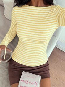 CovetEZ 女款條紋圓領長袖修身休閒T恤 - 黃色 - 查看 6