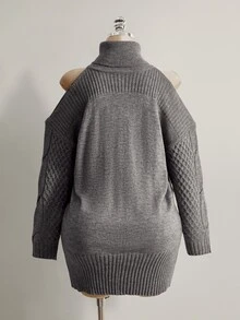 SHEIN ICON Plus Size Women's Cold Shoulder High Neck Long Sleeve Knit Dress - Grey - View 10