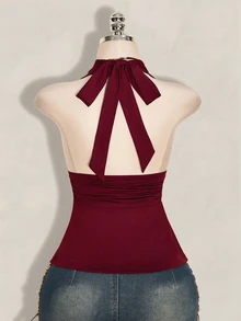 SHEIN ICON 萬聖節女款掛脖露背黑色娃娃裝背心 - 酒紅色 - 查看 2