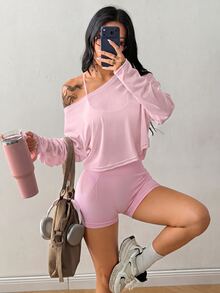 Coolane Women's Solid Color Asymmetrical Shoulder Drop Sleeve Long Sleeve Sports T-Shirt - Pink - View 4