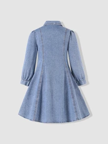 Girls' Denim Dress, Washed Light Blue, Sweet Girly Style, Classic Collar And Metal Button Design, Pink Bow On Chest For Playful Touch, Comfortable A-Line Fit, Suitable For Spring And Autumn - Light Wash - View 2