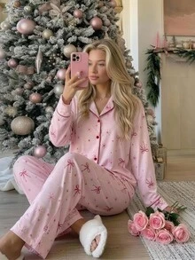 Livesso Women's Bow Print Single-Breasted Long Sleeve Top And Pants Pajama Set - Pink - View 6