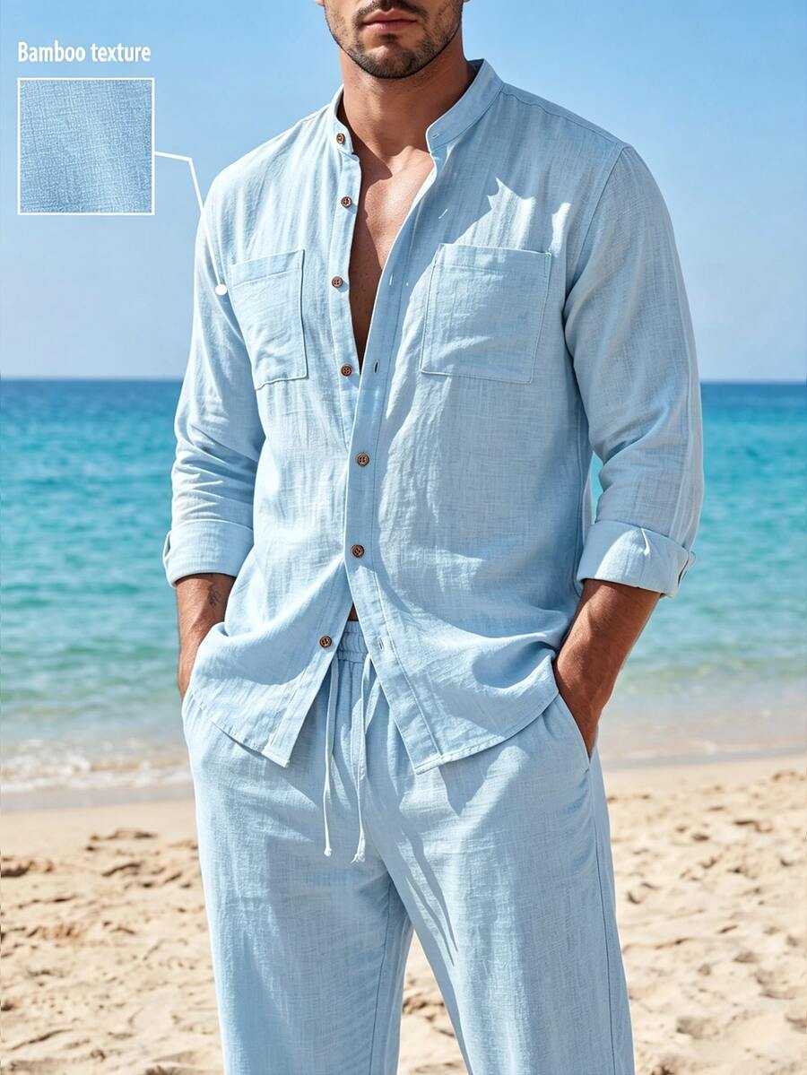 VENTUSAIL 2026 Spring Summer Beige Striped Linen Matching Set For Men Breathable Slub Linen Short Sleeve Shirt - Baby Blue - View 1