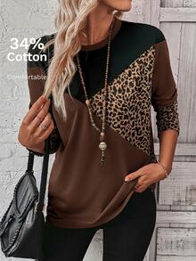 EMERY ROSE Women Casual Colorblock Leopard Print T-Shirt, Autumn - Brown - View 1