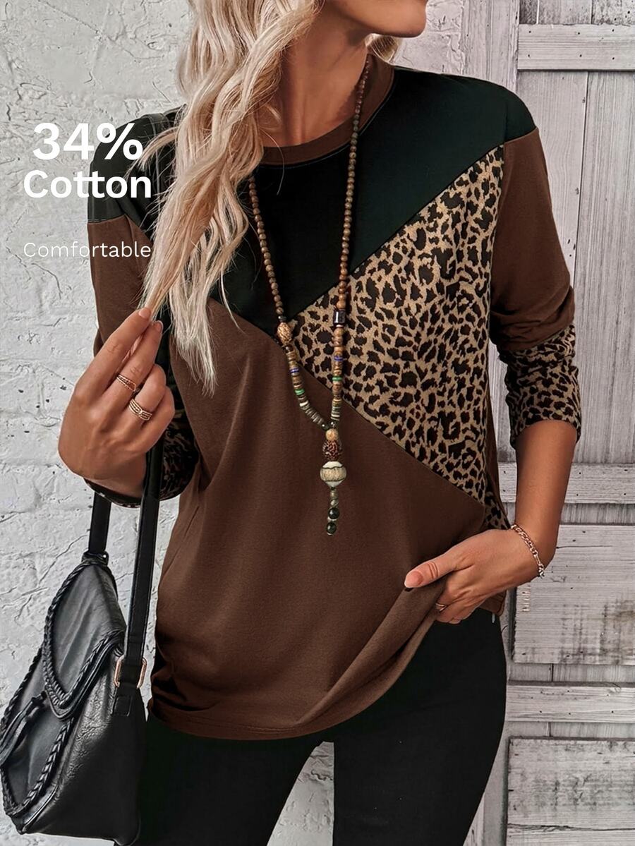 EMERY ROSE Women Casual Colorblock Leopard Print T-Shirt, Autumn - Brown - View 1