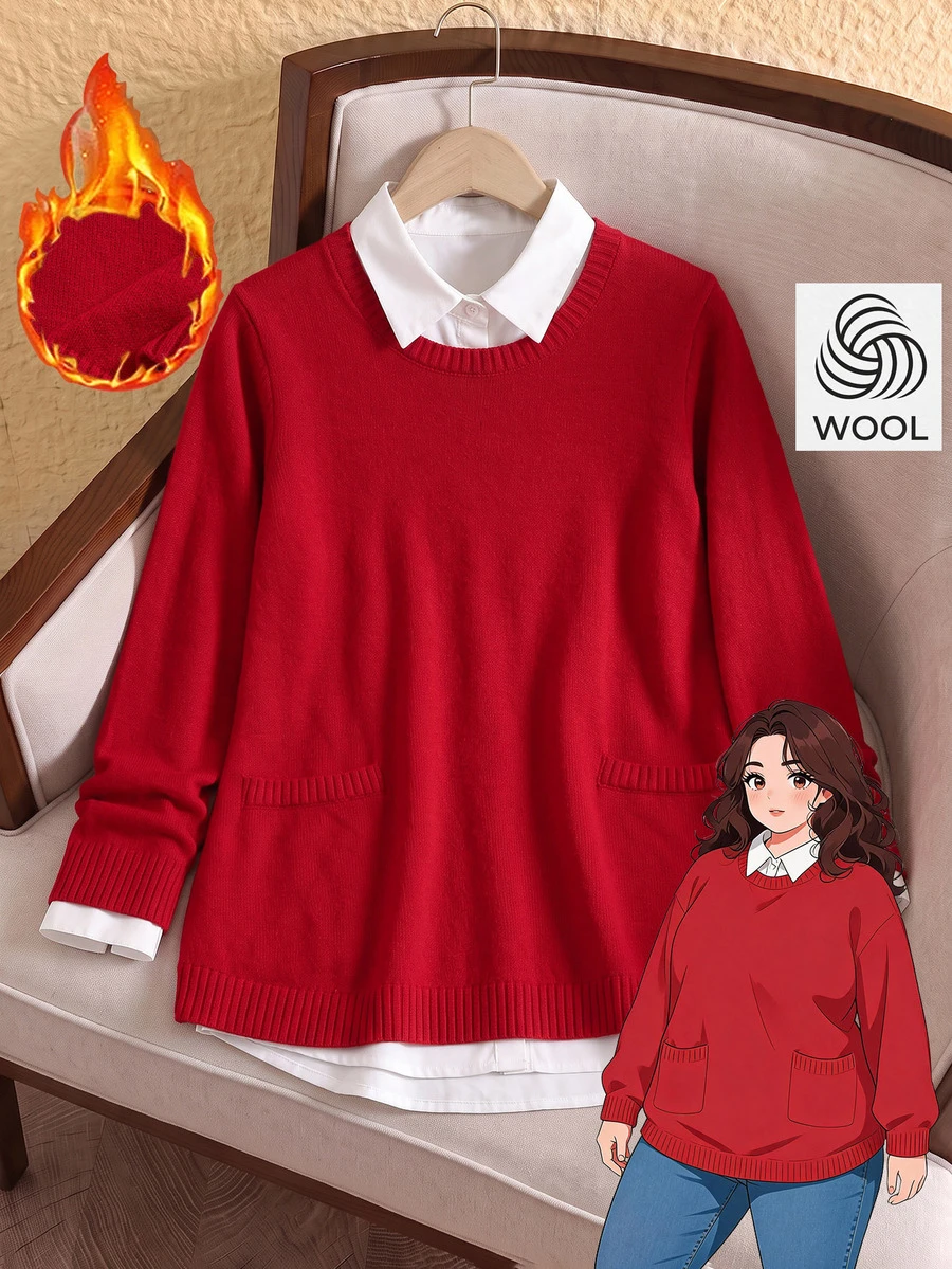 Rusticease Plus Size Red Ribbed Round Neck Long Sleeve Sweater Cozy Casual Fall Winter 2026 - Red - View 1