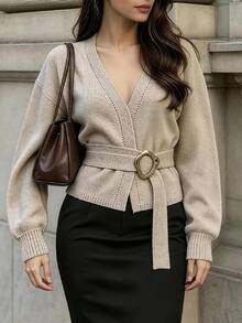 Cévolie Women's Solid Color Metal Decor Casual Daily Cardigan - Apricot - View 1