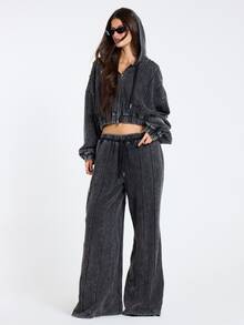 MUSERA 灰色寬鬆雙拉鍊設計長袖連帽衫 秋冬女款休閒穿搭 - 黑色 - 查看 4