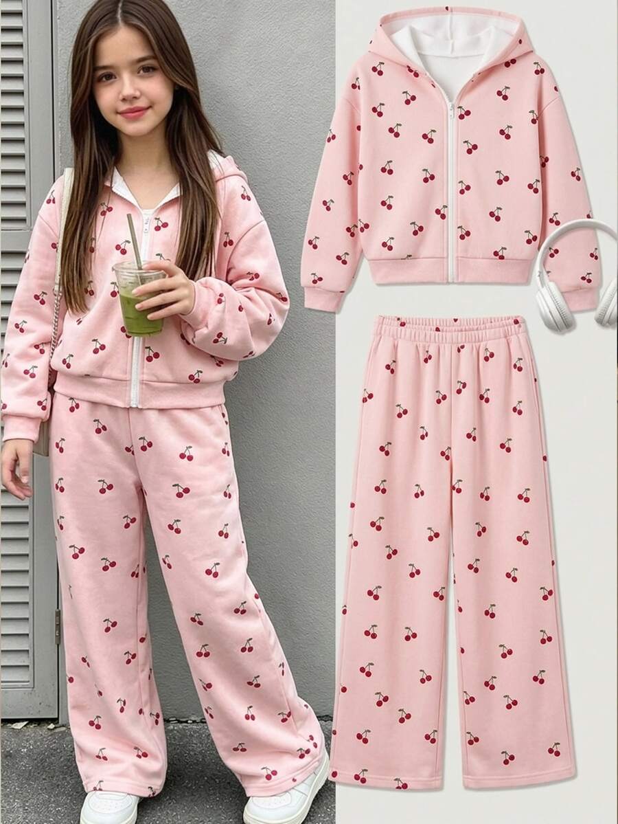 秋冬女童休閒時尚套裝:甜美櫻桃印花連帽衫與寬腿褲 2 件套(美式夾克與長褲),百搭連帽衫與寬腿褲組合,適合 8-12 歲女童,粉色連帽衫套裝 - 粉色 - 查看 1