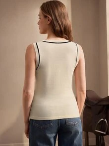 SHEIN Women's U-Neck Fitted Sleeveless Knitted Top, Ribbed Contrast Color Spring/Summer Top, Beige/Apricot Slimming Elastic Knitted Top, Minimalist Commute Versatile French Style Solid Color Tight-Fitting Base Layer Knitted Top - Apricot - View 2