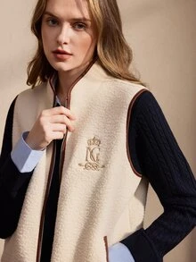 SHEIN Women's Letter Embroidery Zipper Front Casual Vest Jacket - Apricot - View 3