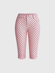 ROMWE Y2K Autumn/Winter Versatile Retro Coffee Pink Polka Dot Color Ultra Low Waist Women's Denim Capris - Pink - View 1