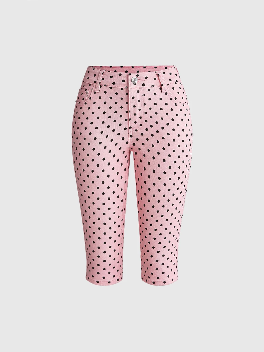 ROMWE Y2K Autumn/Winter Versatile Retro Coffee Pink Polka Dot Color Ultra Low Waist Women's Denim Capris - Pink - View 1