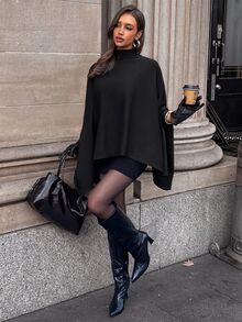 Aloruh Sweater Cape Kasual Longgar Wanita Warna Polos dengan Kerah Tegak dan Hem Asimetris - Hitam - View 8