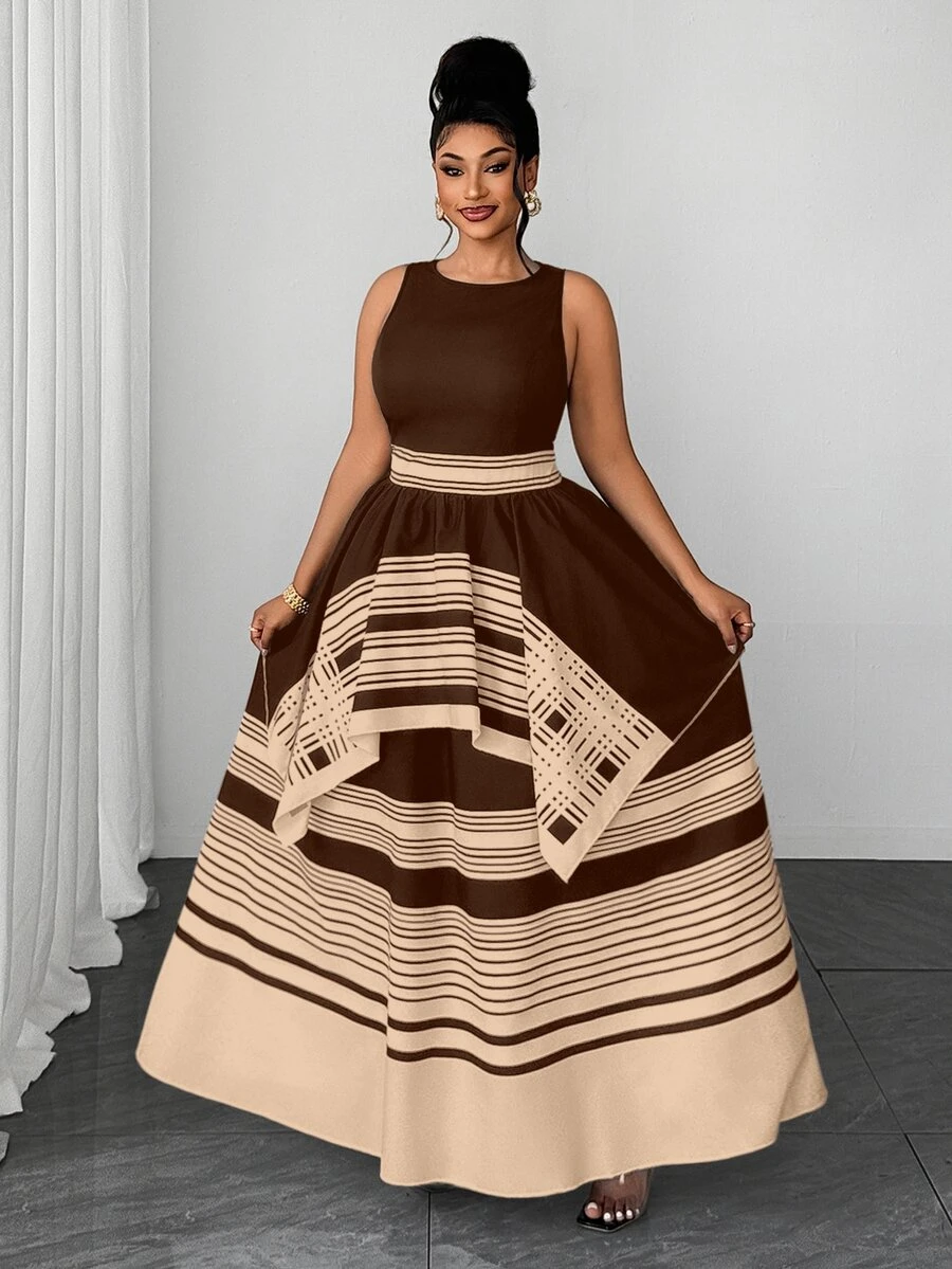 Maweii Plus Size Women's Summer Brown Printed Round Neck Cinched Waist ...