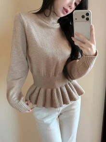 Joudiya Autumn/Winter High Neck Ruffle Hem Waist-Cinching Long Sleeve Knit Slim Fit Elegant Elegant Commute Date Women's Sweater - Camel - View 5