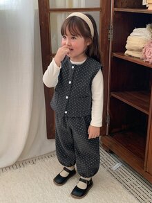 DAZY Infant/Toddler (Girl) Round Neck Polka Dot Casual Layered Korean Style Vibe Jacket Set - Grey - View 8