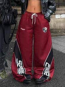 Coolane 女款秋冬保暖街頭休閒外出紅色拼接字母印花賽車風抓絨內裡寬鬆寬腿運動長褲 - 彩色 - 查看 1