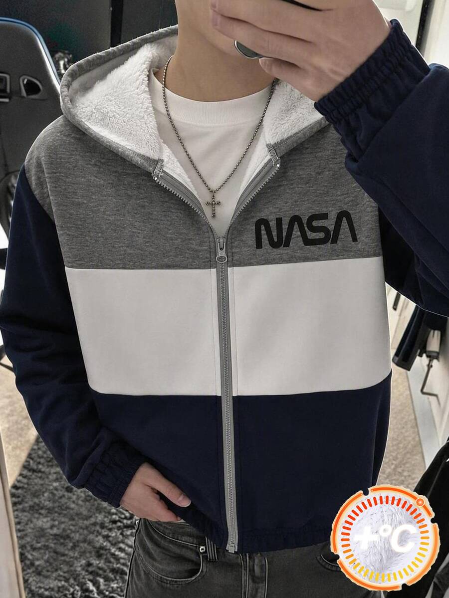 SHEIN Teen Boy Striped Colorblock Zip-Up Long Sleeve Hooded Jacket - Multicolor - View 1