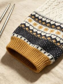 SHEIN Franclia Women's Round Neck Long Sleeve Fair Isle Vintage Sweater - Apricot - View 5