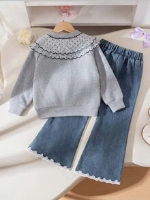 SHEIN Genkimix Kids 2件組女童春秋韓系簡約灰色長袖開襟衫，飾有蝴蝶結緞帶與荷葉領，搭配開衩喇叭牛仔褲，適合日常、通勤、戶外旅行與休閒活動套裝 - 灰色 - 查看 2