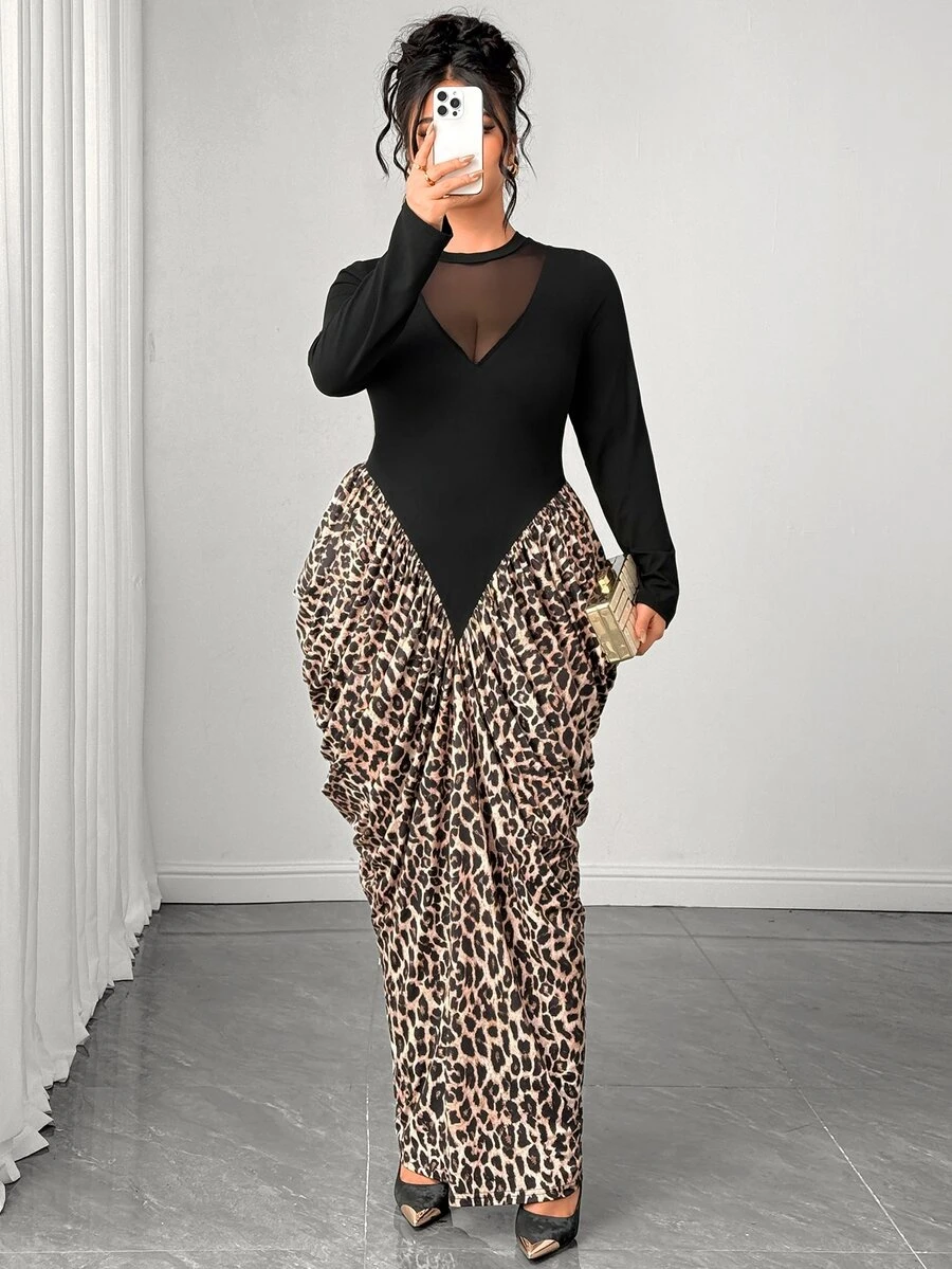 Elenzga Plus Size Women's Autumn/Winter Knit Fitted Dress With Mesh Patchwork And Leopard Print - Multicolor - View 1