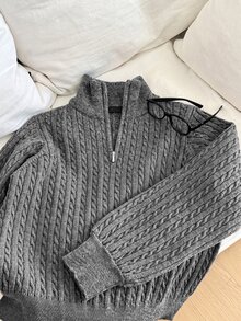 DAZY 女款麻花編織長袖半拉鍊休閒毛衣 - 灰色 - 查看 8
