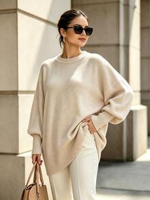 Trelyra Plus Size Women's Solid Color Casual Daily Long Sleeve Sweater - Apricot - View 3