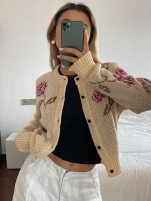 Livesso Autumn/Winter Khaki Round Neck Button Cable Knit Long Sleeve Slim Fit Ribbed Cardigan For Women - Khaki - View 4