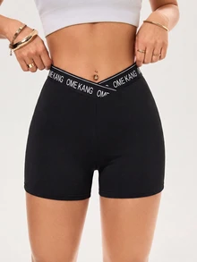 Velisys Velisys Women's Asymmetrical Waist Design Letter Print Comfortable Casual Versatile Sports Shorts - Black - View 6