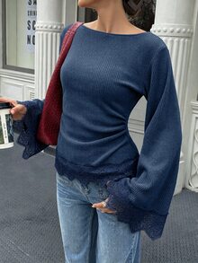 Flora Isola Flora Isola 標準尺寸女款秋冬抓皺腰部蕾絲飾邊拼接休閒優雅通勤T恤 辦公室早午餐米色秋季 - 藏蓝色 - 查看 4