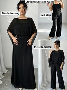 Elenzga Plus Size Autumn Slimming Elegant Banquet Party Evening Gown Black High-End 3 Pieces Set - Black - View 7