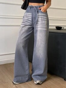 DAZY Women's Distressed Washed Faded Belted Loose Wide Leg Jeans, Casual Streetwear Everyday Autumn/Winter - Blue - View 4