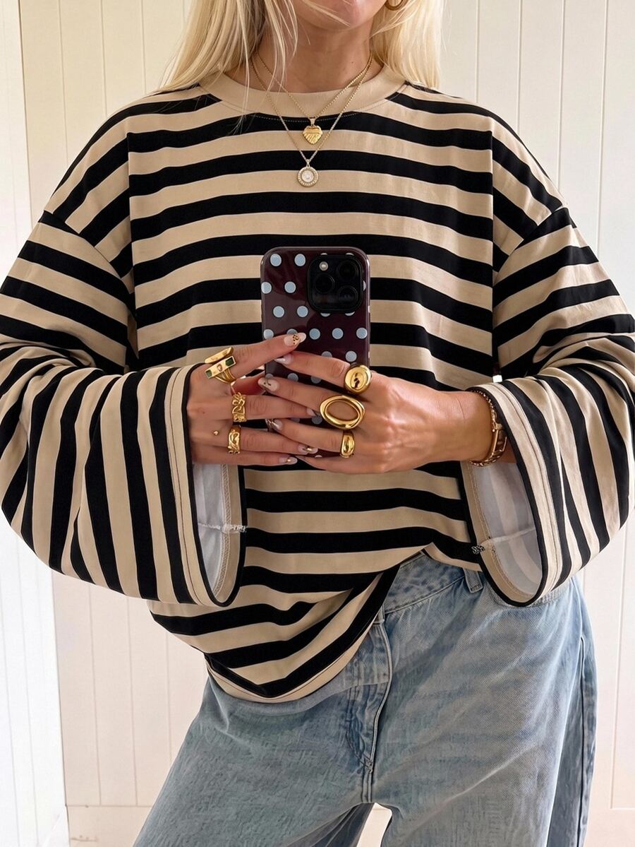 SHEIN EZwear 海外長袖草莓巧克力條紋上衣，秋季上衣，適合日常通勤、聚會、秋冬春夏、聖誕節、新年、感恩節、派對、婚禮、海灘、畢業典禮、優雅、外出、約會、通勤、情人節、優雅、度假、Y2K、畢業典禮等場合 - 彩色 - 查看 1