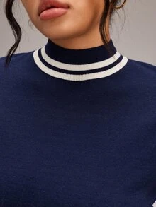 EMERY ROSE Plus Size Women's Comfortable Women's Pullover Long-Sleeved Knit Top Sweater, Navy Blue Base With Striped Turtleneck And Cuffs, Versatile Fall/Winter - Navy Blue - View 8
