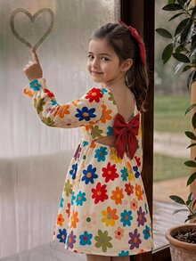 SHEIN 女童方領花瓣袖印花洋裝，背後蝴蝶結裝飾 - 紅色 - 查看 3