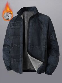 Manfinity Homme Men's Stand Collar Casual Denim Effect Thermal Lined Jacket - Blue - View 3
