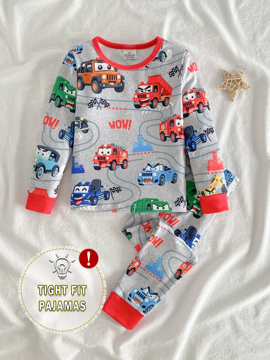 SHEIN 2件組男童幼兒貼身睡衣套裝,秋冬款,可愛卡通酷車挖掘機工程車印花,柔軟舒適高彈力長袖褲,居家穿著 - 灰色 - 查看 1