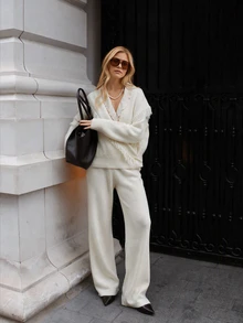SHEIN Women Loose Fit Double Breasted Fringe Detailed White Cardigan And Sweater Pant Knit 2pcs Set - White - View 1