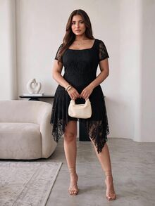 Hourglow Plus Size Leopard Print Mesh Square Neck Short Sleeve Ruched Asymmetric Hem Mini Dress – Sexy Party Nightclub Women's Clothing - Black - View 3