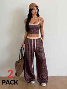 Coolane Women's Leopard Print Halter Neck Tie Tank Top And Drawstring Waist Long Pants 2 Pieces Set - Multicolor - View 1