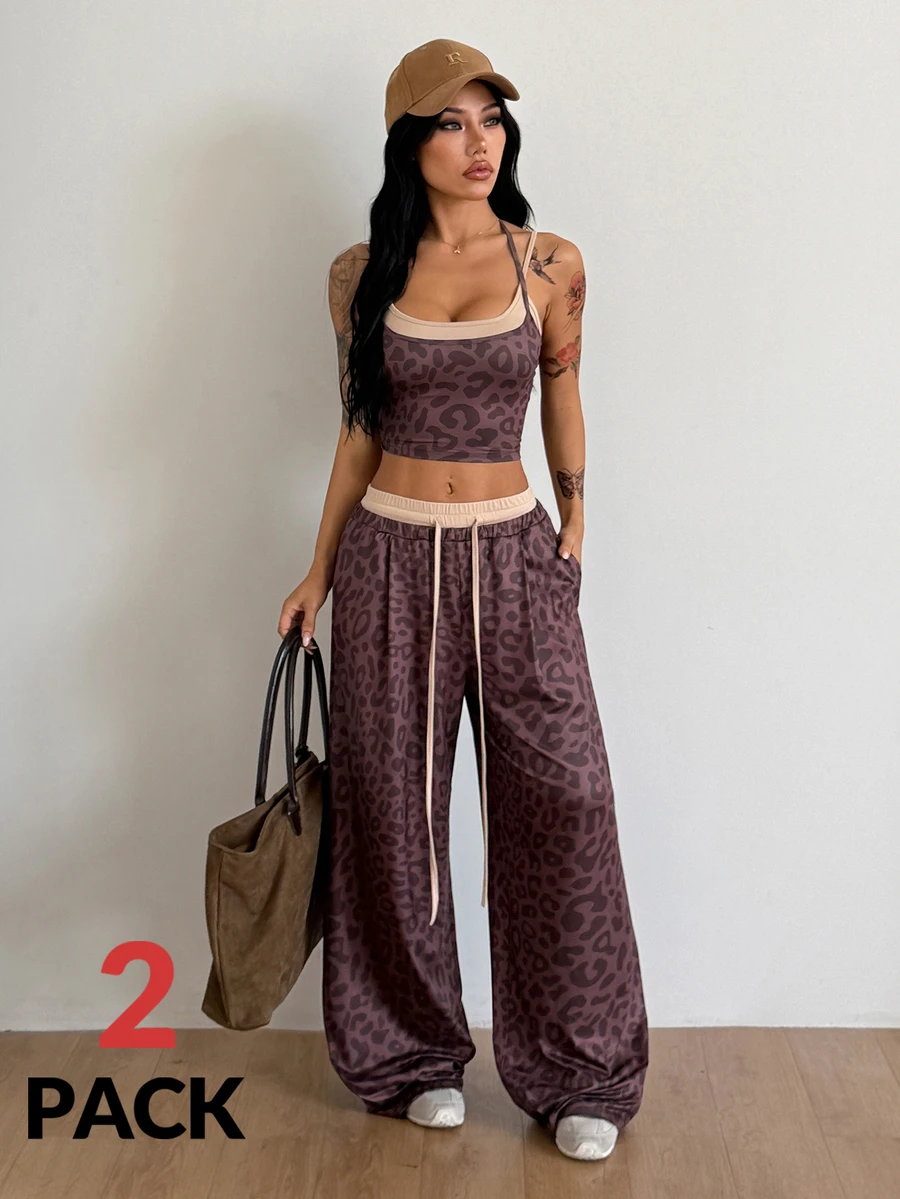 Coolane Women's Leopard Print Halter Neck Tie Tank Top And Drawstring Waist Long Pants 2 Pieces Set - Multicolor - View 1