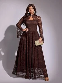 Viva Relle Romantic Lace Long Sleeve Cinched Waist A-Line Full Skirt Maxi Dress - Brown - View 1